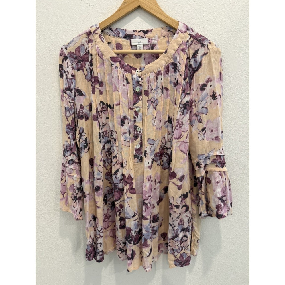 J. Jill Top Womens Large Petite Yellow Floral Blouse 3/4 Sleeve Viscose Rayon